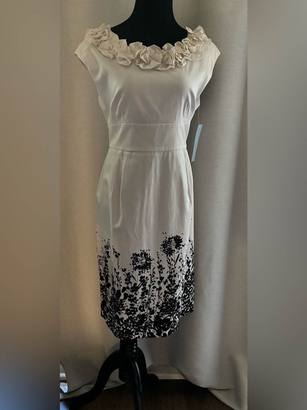 London Times White Midi Dress with Black Floral Border